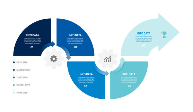 5 Step Arrow Circular Process Infographic Diagram Template for Business Presentation with Icon Elements, Vector Illustration