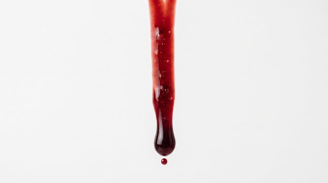 Dripping blood isolated on white background. Flowing bloody stains, splashes and drops. Trail and drips red blood close up