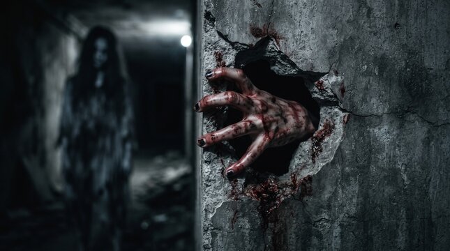Bloody hands protruding from the wall, with the ghost girl as the background. Nightmares of scary fear at the halloween festival.