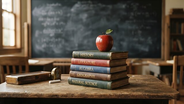 Stack of vintage school books with an apple on top, in a classroom setting
