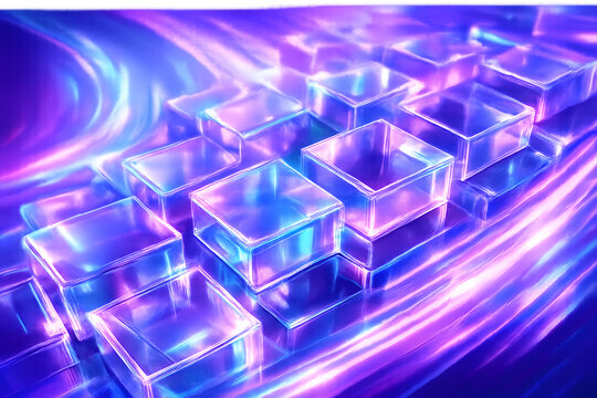 Glass square shapes dynamic 3d background. Holographic transparent block row with purple blue gradient, speed effect. Abstract geometric bg with crystal light hologram curve wave. 3D illustration