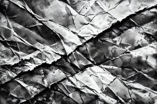Halftone crumpled paper texture with black a dotted, rough, and wrinkled surface. Wite creased sheet background in comic pop-art style, featuring grainy folds and gritty distressed details.