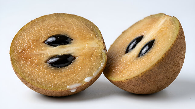 Brown sapodilla fruit cut in half showing juicy brownish orange flesh with two shiny black seeds in center, rough brown textured skin, sweet tropical fruit, clean white background