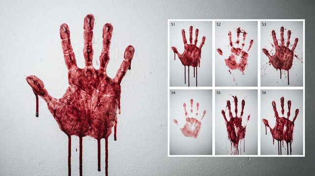 Dripping red blood handprint MEGA PACK. Isolated transparent background PNG. Horror, crime concept. Bloody human hand mark with spatters of blood. Crime scene. Zombie.