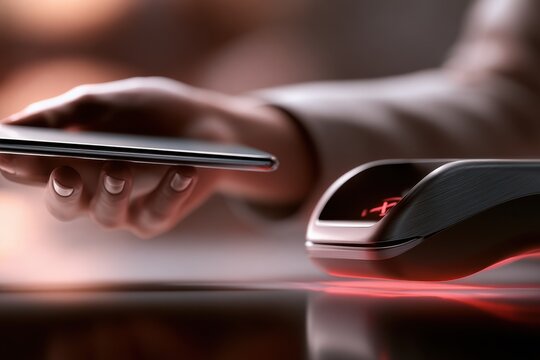 Person making a contactless payment using a smartphone and a modern digital card reader in a sleek, low-light setting with red led accents