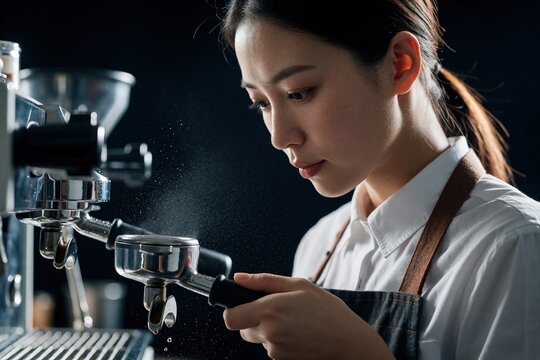 Young asian woman barista prepares coffee with espresso machine. Female worker cleans portafilter with water spray in cafe. Preparing beverage.