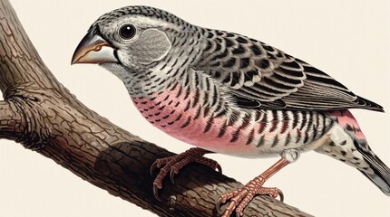 Obraz premium Darwin finch sits on tree branch. Galapagos bird uses cactus spine tool for feeding. Illustration shows evolution, biological adaptation in nature. Small bird eats food with clever behavior in wild
