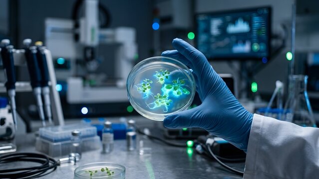 Scientist examining petri dish with glowing green microorganisms in a modern laboratory setting with advanced equipment and digital displays