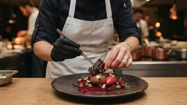 Close-up of a chef meticulously garnishing a decadent chocolate dessert with delicate shards of chocolate and gold leaf in a professional kitchen.