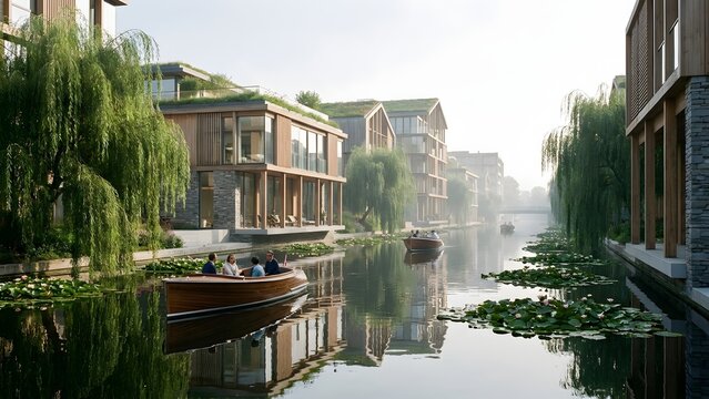 Serene canal scene with wooden boats and modern architecture surrounded by lush greenery and willow trees