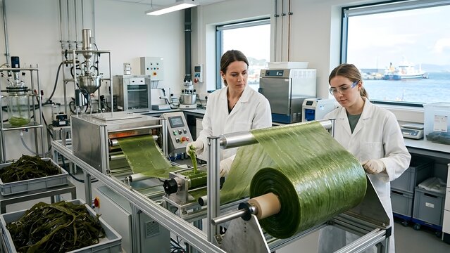 Researchers process green algae in a laboratory setting for sustainable material production