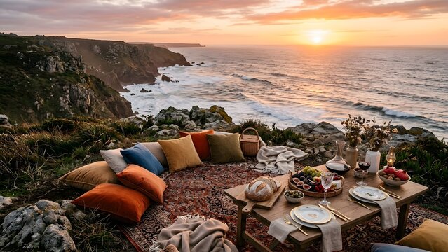 Romantic picnic setup on a cliff overlooking the ocean at sunset, with food, wine, and comfortable cushions.