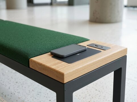 Bench with built in phone charger. Modern public seating with integrated wireless charging pad and USB ports. Smartphone resting on wooden table section