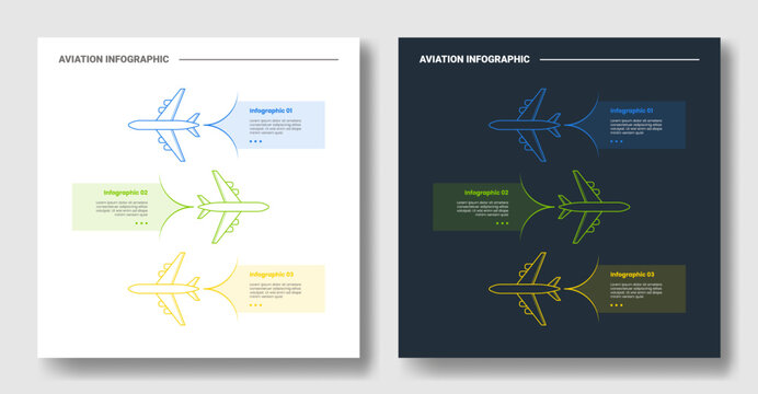 aviation infographic template with three point parallel diagonal flight outline diagram, white and dark version, flat style