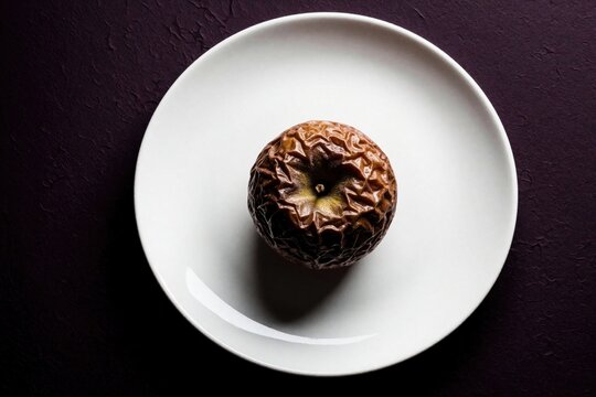 Withered apple sits on white plate against dark background. Food waste concept shows spoiled organic produce, decay, and rot. Unappetizing item signifies loss or bad choice.