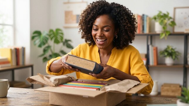 Happy young Black woman unboxing a book shipment at home. Smiling female reader opening a cardboard package of colorful books