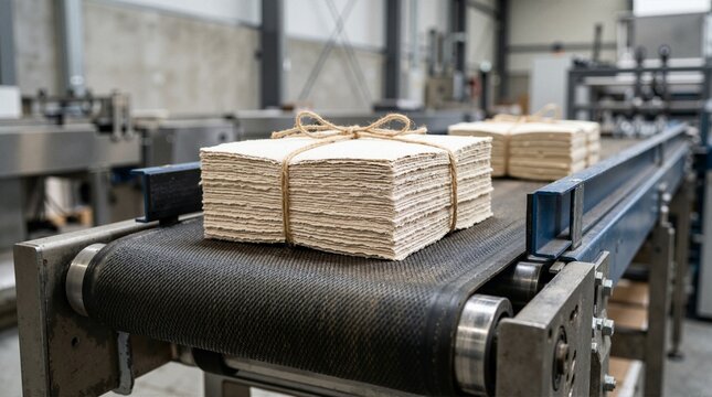 Bundles of textured recycled paper tied with twine moving on a conveyor belt. Automated packaging line in a modern manufacturing facility