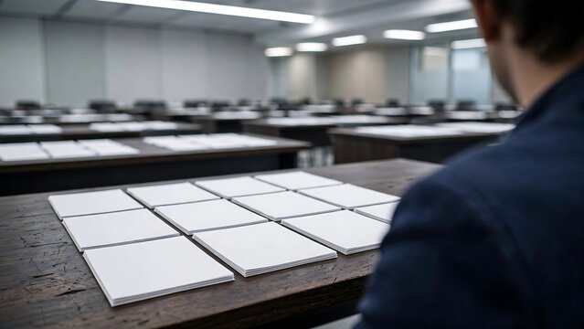Lecture Back to School Concept with Rows of Empty Desks and White Papers in University Classroom Hall for Higher Education and Academic Exam Preparation