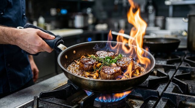 Chef flambeing beef medallions with mushrooms in a frying pan. Dramatic orange flame rising from a pan on a gas stove in a restaurant kitchen
