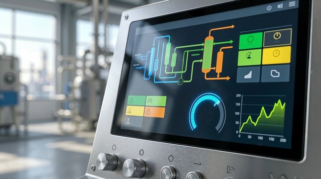 Digital display on an industrial refinery control panel. Modern touchscreen interface with process schematic and data graphs in a factory