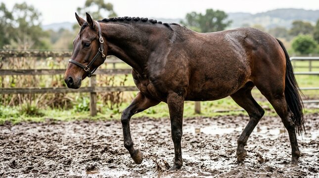 Brown horse walking through a muddy paddock on a farm. Braided mane equine splashing in wet mud. Rural countryside landscape