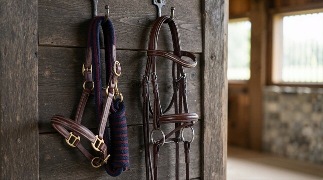 Leather horse bridle and halter hanging on a rustic wooden barn wall. Equestrian riding equipment in a stable. Traditional horse tack details