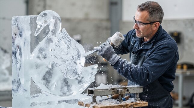 Male artist carving a swan ice sculpture in a workshop. Professional sculptor using chisel and mallet on a block of ice. Creative winter art process