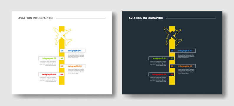 aviation infographic template with vertical stripe four point bracket outline diagram, white and dark version, flat style