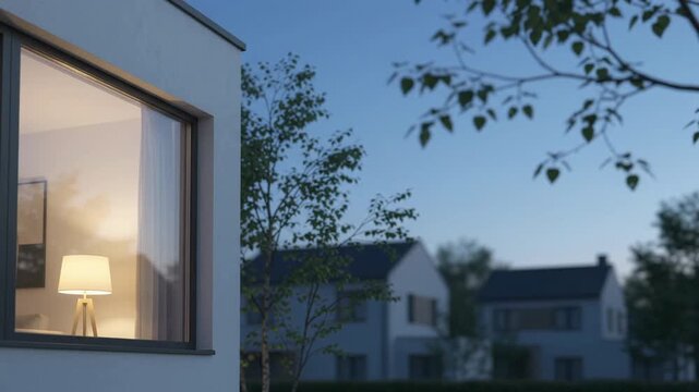 Contemporary Home with Warm Light During Neighborhood Blackout for Energy Resilience Concept