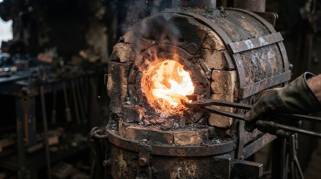Old iron melting furnace with glowing fire in a blacksmith workshop. Hot metal held with tongs. Traditional metalworking forge