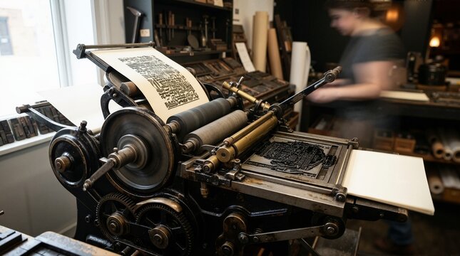 Vintage mechanical printing press in motion. Letterpress machine printing on paper in a workshop. Traditional typography and printmaking process