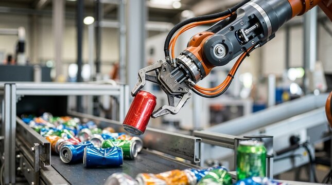 Robotic arm sorting aluminum cans on a conveyor belt. Automated recycling process in a modern waste management facility. Industrial robot technology