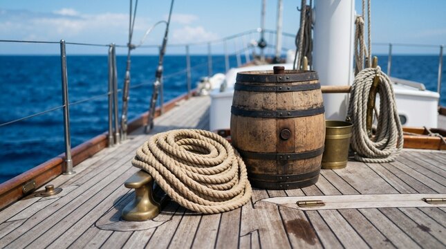 Wooden ship deck with coiled rope and rustic barrel. Classic sailboat deck overlooking the blue ocean on a sunny day. Maritime voyage concept