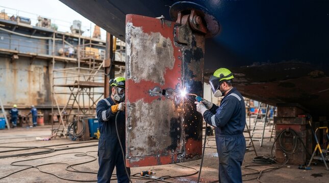 Shipyard workers performing maintenance on a ship rudder in a drydock. Industrial welders repairing marine vessel with welding torch. Maritime industry concept