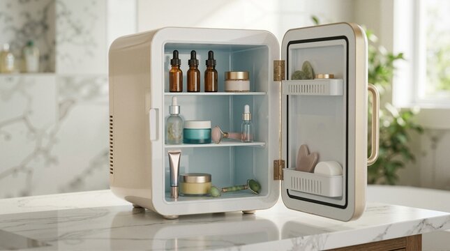Open skincare fridge with organized beauty products on marble countertop. Mini cosmetics refrigerator with serums and jade rollers. Self care and wellness concept
