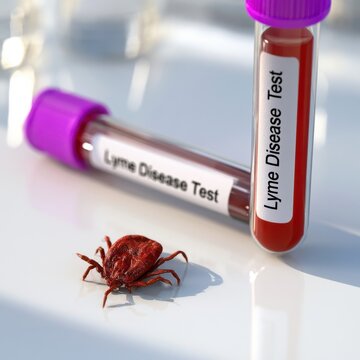 Blood samples for Lyme disease diagnostics with a tick specimen representing the vector of infection against a bright clinical background