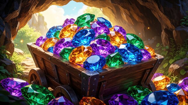 Colorful glowing gems fill wooden mining cart inside dark cave. Shiny precious stones like emerald, sapphire, amethyst, ruby sparkle in sunlight. Treasure wagon overflows with bright minerals, jewels