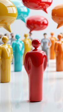Colorful group of stylized human figures with speech bubbles representing diverse communication and social interaction in a modern concept design
