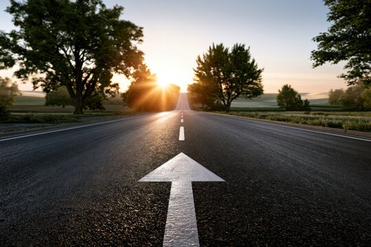 Perspective view of an open road with a white directional arrow leading towards the bright rising sun between green trees on a clear morning