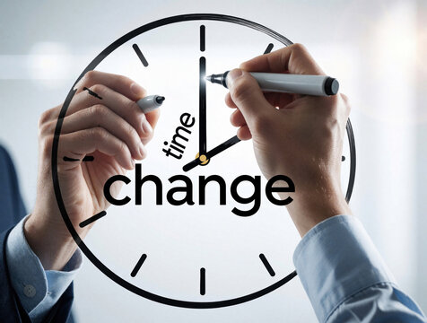 Businessman hands write time for change on transparent glass clock. Person uses marker to draw message about urgency, transformation. Concept of management, deadline, moving forward in business