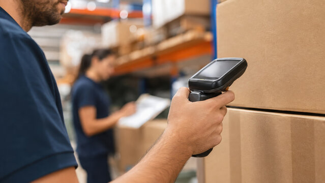 Warehouse crew member scanning cardboard package with handheld barcode reader during inventory work