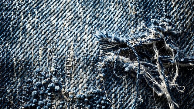 Jeans Ripped Extreme Close Up with Distressed Denim Fabric Texture Featuring Frayed Edges and Loose Blue and White Threads for Fashion Design or Grunge Style Graphic Background