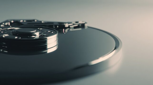Refined macro shot of a modern hard disk drive platter and actuator arm showcasing intricate mechanical design and reflective surfaces in soft lighting