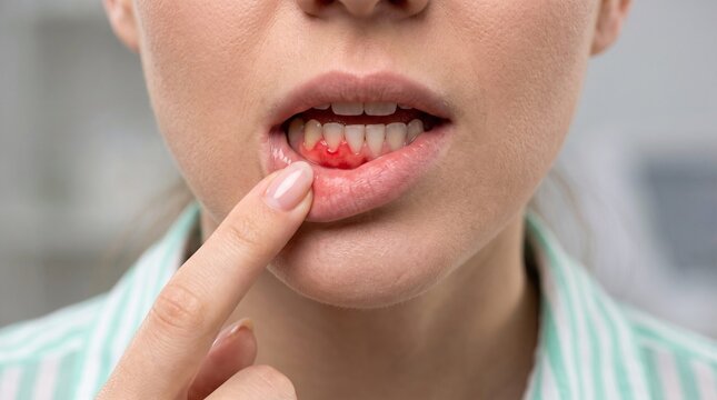  Close-up of a woman pulling down her lower lip with a finger to show red, inflamed, and bleeding gums. Gingivitis, periodontal disease, and oral health care concept.