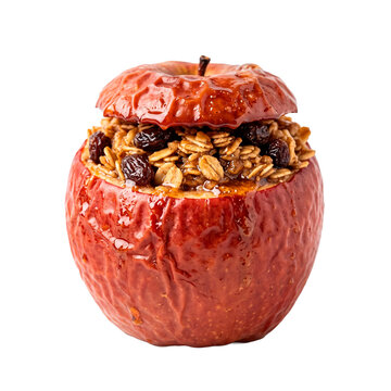 Delicious baked apple stuffed with granola and raisins, a sweet and healthy dessert option PNG Isolated on transparent background