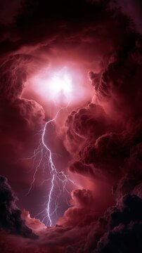 Dramatic purple and pink storm clouds illuminated by intense lightning bolt striking through turbulent sky at twilight creating a vivid natural spectacle