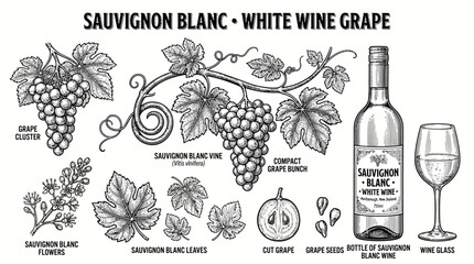 Obraz premium Very beautiful black and white realistic vector set of SAUVIGNON BLANC featuring separate vine, compact grape bunch, leaves, flowers, cut grape, seeds, wine bottle, wine glass, engraved natural-histor