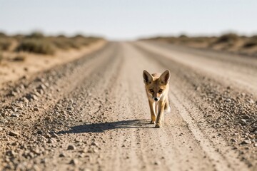 Fototapeta premium Small Arabian red fox walks along empty dirt road in desert. Young wild predator looks at camera trekking through dry wilderness. Cute sand fox animal moves on sandy path under clear sky in arid