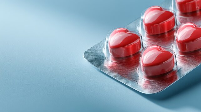 A pack of red heart-shaped capsules in transparent blister packaging against a soft blue background symbolizing love and health care concepts