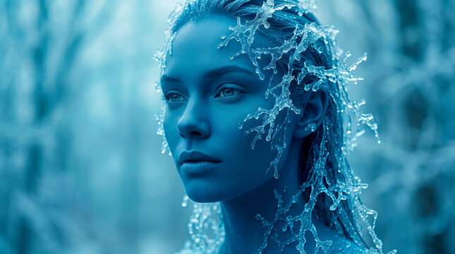 Ice maiden with frozen crystal hair and pale blue skin in winter forest as snow queen character for fantasy and Christmas magic [copy space]